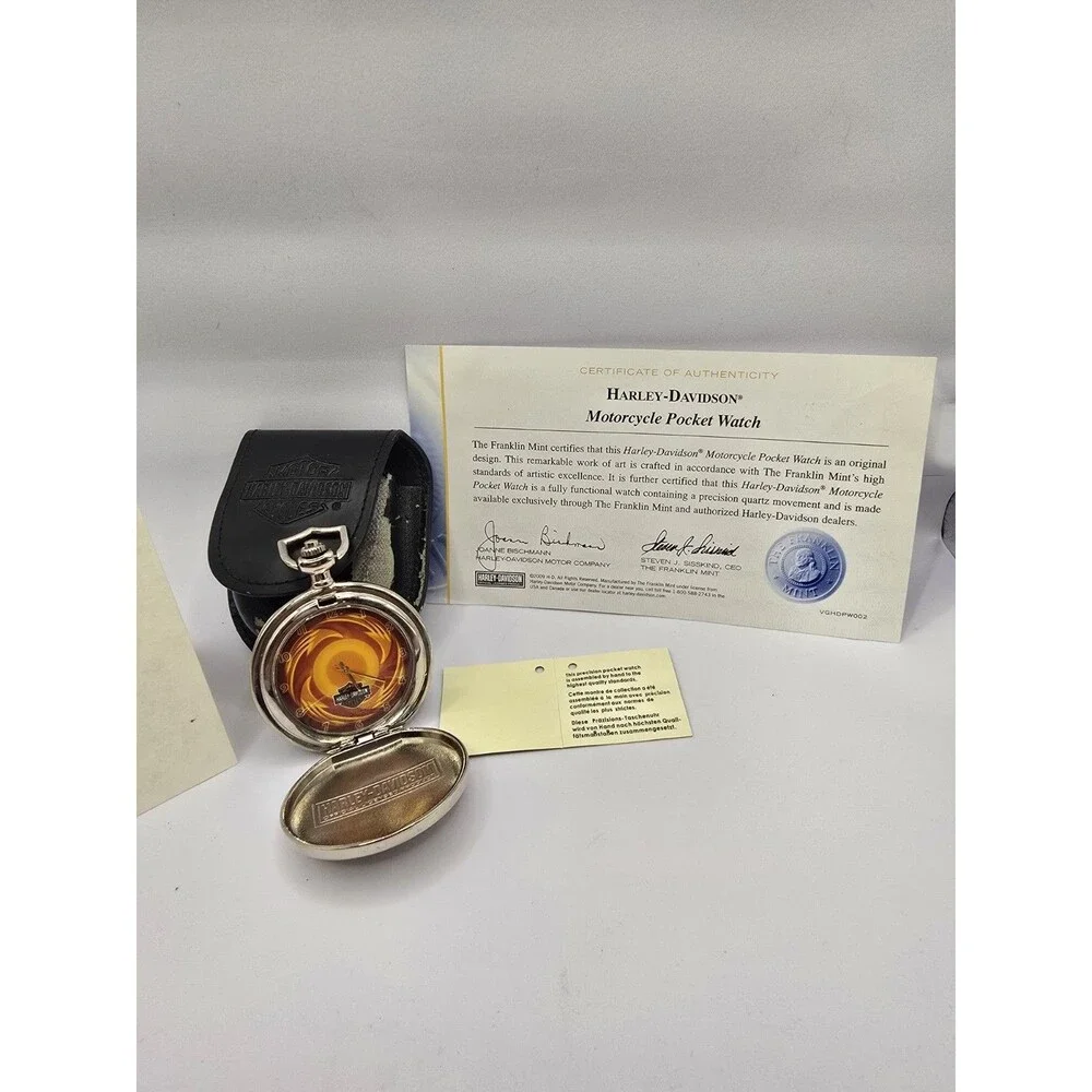 Franklin Mint Harley Davidson Orange Flame Pocket Watch Pouch COA Paper PARTS